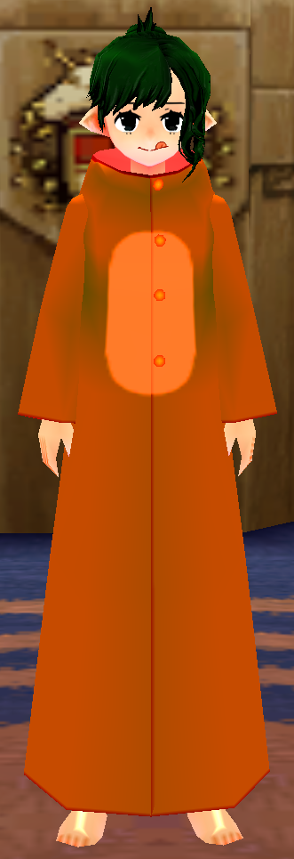 Equipped Female Frog Robe (Orange) viewed from the front with the hood down