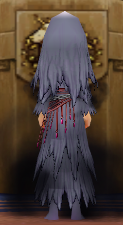Equipped Female Grim Reaper's Robe viewed from the back with the hood up