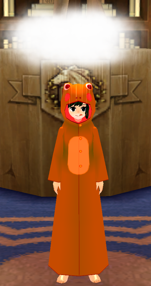Equipped Female Frog Robe (Orange) viewed from the front with the hood up