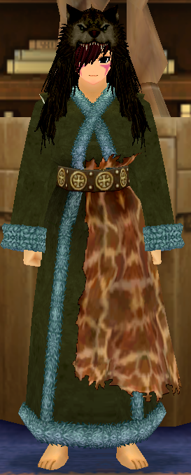 Equipped Female Giant Wolf Robe viewed from the front with the hood up