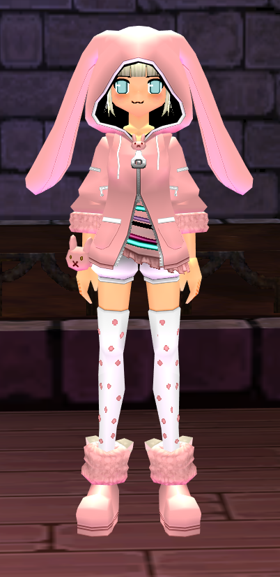Equipped Female Bunny Parka Set viewed from the front with the hood up