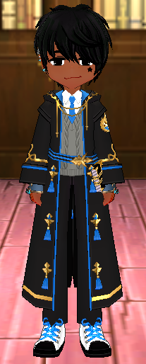 Equipped Magic Academy Robe for Seniors (M) viewed from the front with the hood down