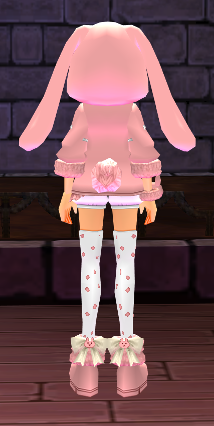 Equipped Female Bunny Parka Set viewed from the back with the hood up