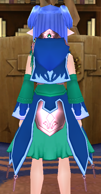 Equipped Gamyu Wizard Robe Armor (F) viewed from the back with the hood down