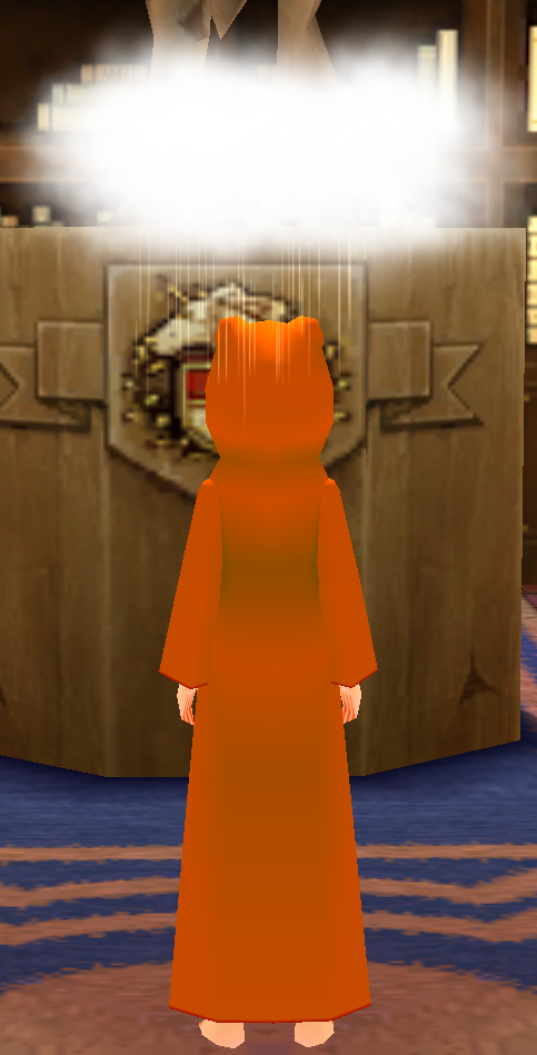 Equipped Female Frog Robe (Orange) viewed from the back with the hood up