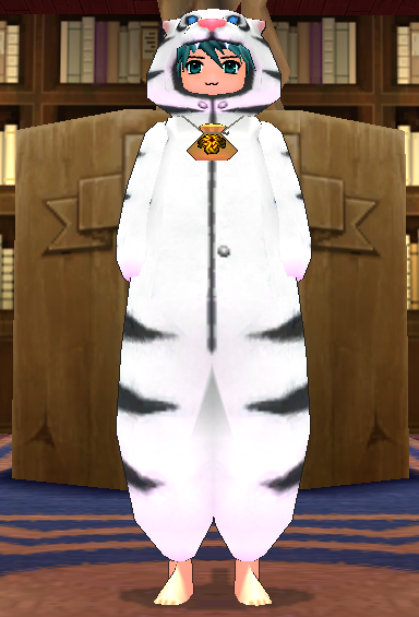 Equipped White Tiger Robe (Expiring) viewed from the front with the hood up