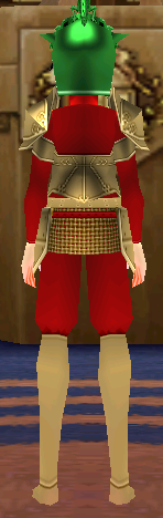 Equipped Valencia's Cross Line Plate Armor (M) (Gold Armor, Red Cloth) viewed from the back