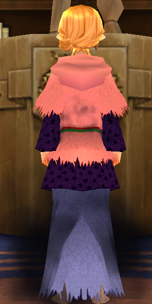 Equipped Female Fomor Research Robe viewed from the back with the hood down
