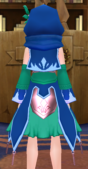 Equipped Gamyu Wizard Robe Armor (F) viewed from the back with the hood up