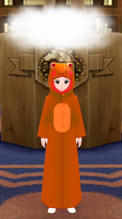 Equipped Male Frog Robe (Orange) viewed from the front with the hood up