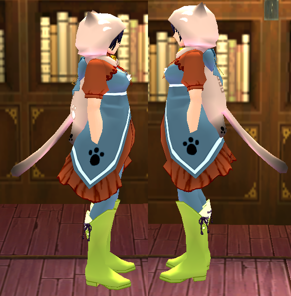 Equipped Giant Cat Cape Set viewed from the side with the hood up