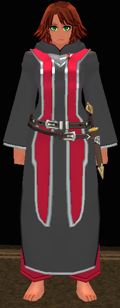 Equipped Female Ancient Alban Knight Robe (Arthuan) viewed from the front with the hood down