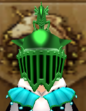 Equipped Dragon Crest (Green) viewed from the front with the visor down