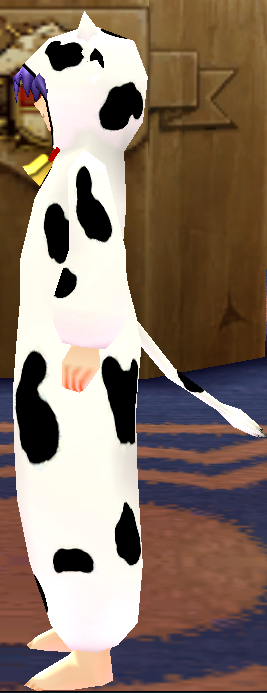 Equipped Dairy Cow Costume viewed from the side with the hood up
