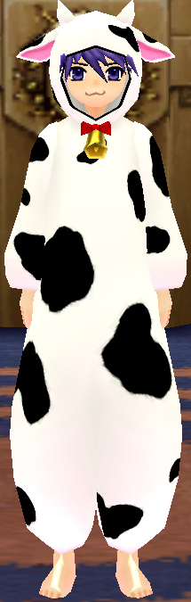 Equipped Dairy Cow Costume viewed from the front with the hood up