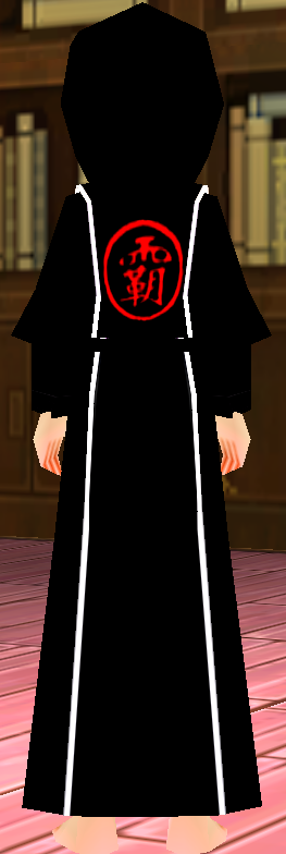 Equipped Female Champion Guild Robe viewed from the back with the hood up