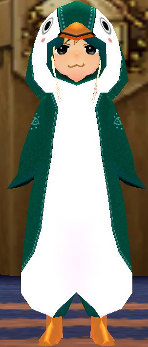Equipped Penguin Robe viewed from the front with the hood up