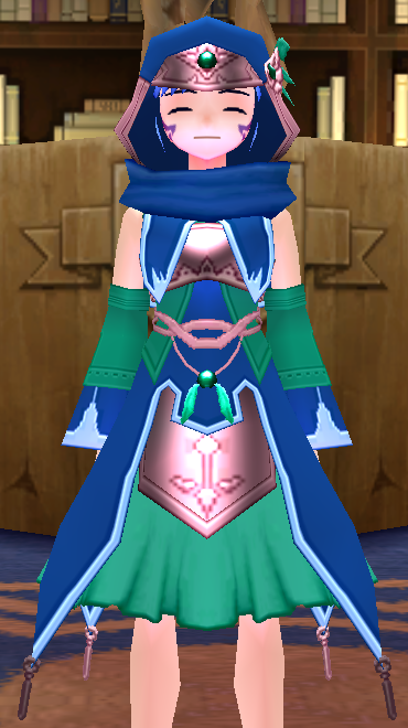 Equipped Gamyu Wizard Robe Armor (F) viewed from the front with the hood up