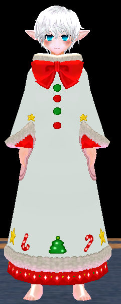 Equipped Mysterious Snowman Robe viewed from the front with the hood down