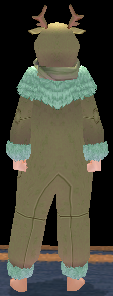 Equipped Giant Reindeer Robe viewed from the back with the hood up