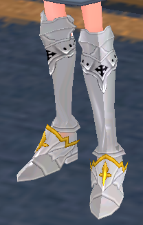 Equipped Saint Guardian's Boots (F) viewed from an angle