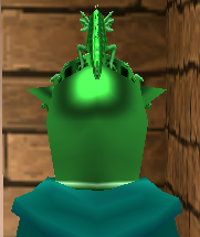 Equipped Dragon Crest (Green) viewed from the back with the visor up