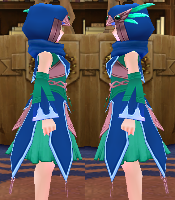 Equipped Gamyu Wizard Robe Armor (F) viewed from the side with the hood up