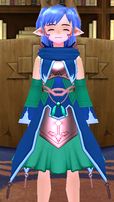 Equipped Gamyu Wizard Robe Armor (F) viewed from the front with the hood down