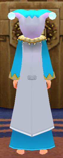 Equipped Male Jester Robe viewed from the back with the hood up