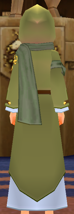 Equipped Male Traveller's Robe viewed from the back with the hood up