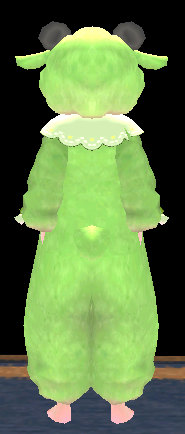 Equipped Female Rainbow Sheep Jumpsuit (Green) viewed from the back with the hood up