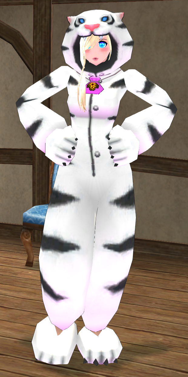 Equipped Giant White Tiger Robe viewed from the front with the hood up