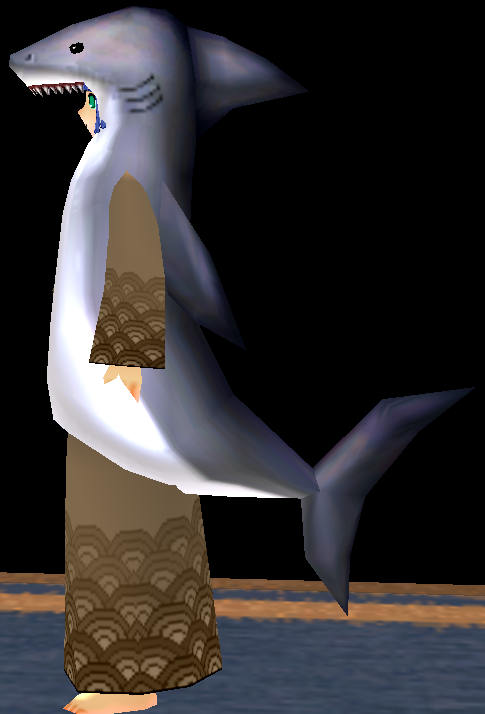 Equipped Shark Robe viewed from the side with the hood up