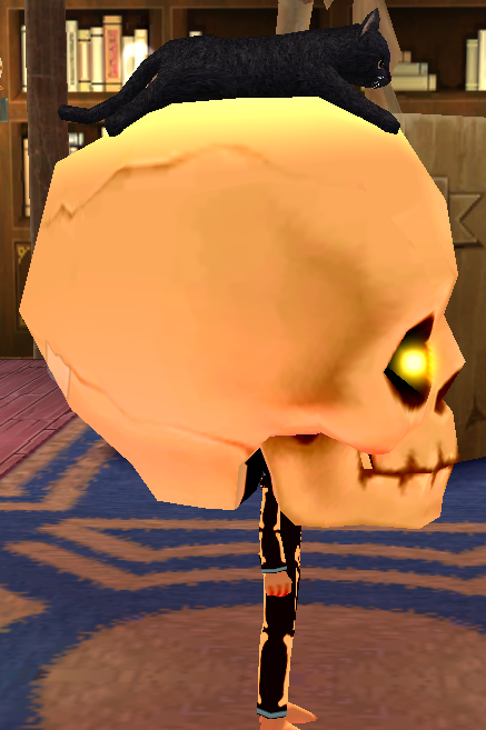 Equipped Bighead Skull Robe viewed from the side with the hood up